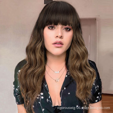 Vigorous Cheap Price Curly Mono Brown Body Wave Hair Heat Resistant Fiber For Women Synthetic Wig With Neat Bang